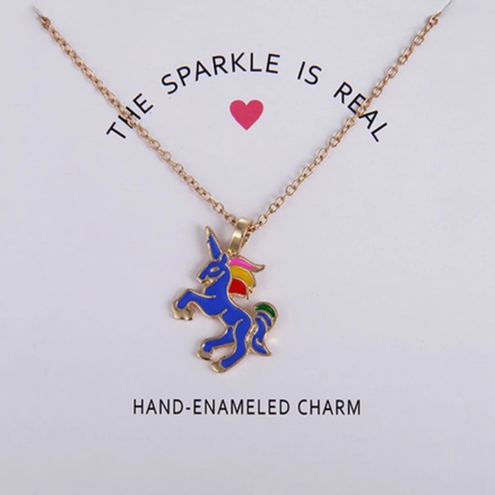 ☀️ Hand Enameled Gold & Blue Unicorn Necklace 🦄